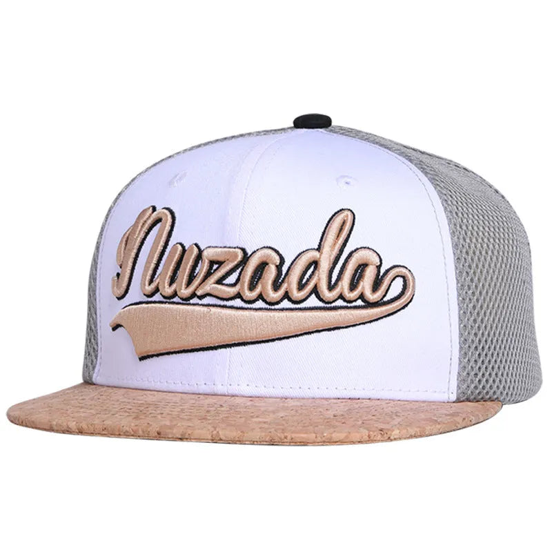 White cotton mesh baseball cap with adjustable strap and big brim