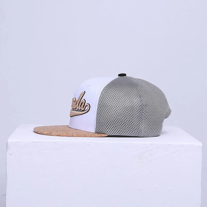 White cotton mesh baseball cap with adjustable strap and big brim