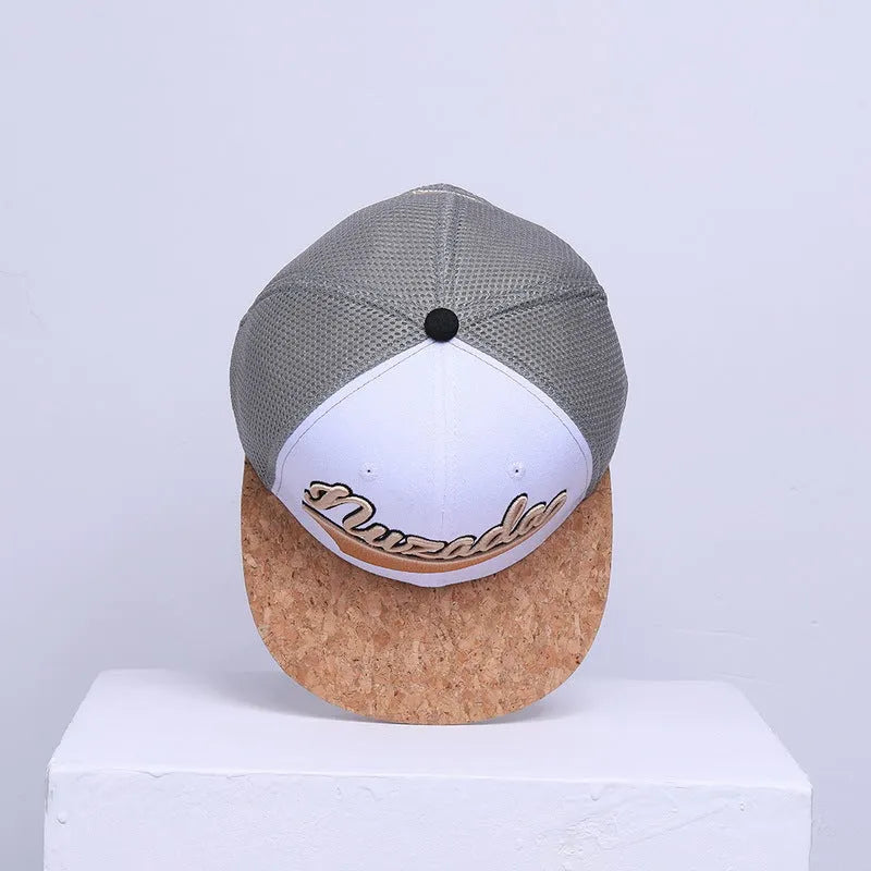 White cotton mesh baseball cap with adjustable strap and big brim
