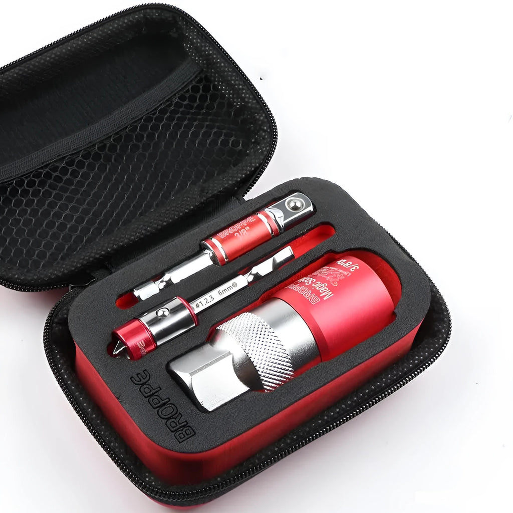 Red metric socket set with 7-19mm and 9-21mm universal sleeves and Type 0 wrench driver