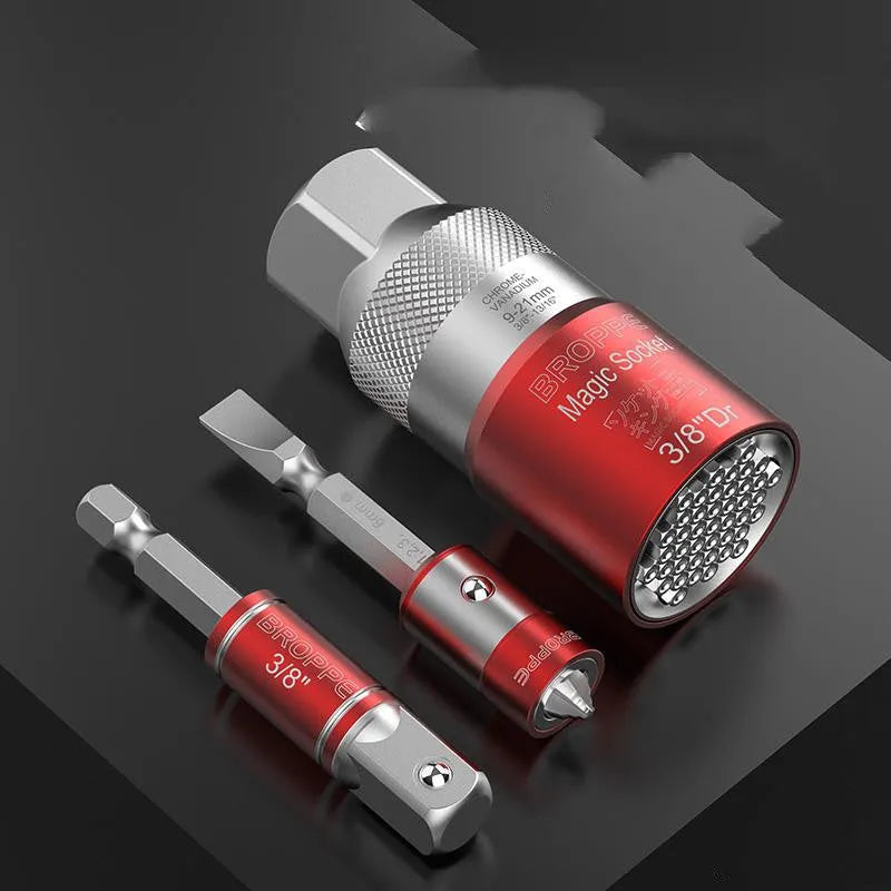 Red metric socket set with 7-19mm and 9-21mm universal sleeves and Type 0 wrench driver