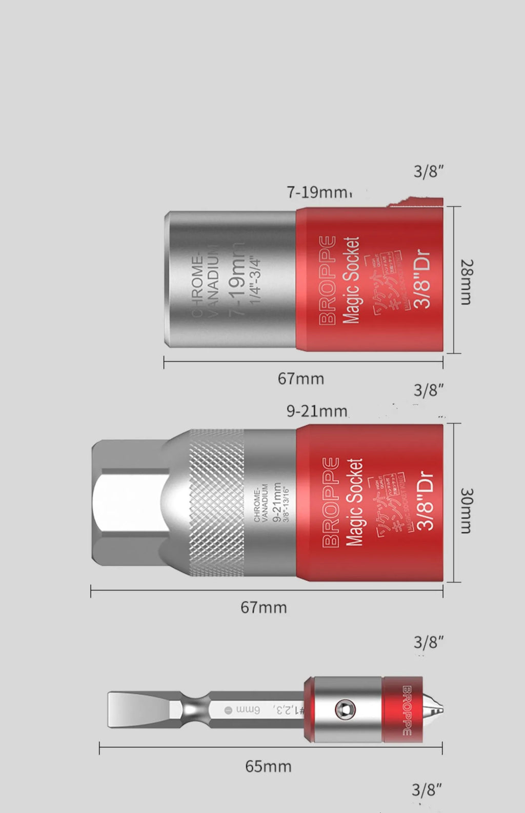 Red metric socket set with 7-19mm and 9-21mm universal sleeves and Type 0 wrench driver