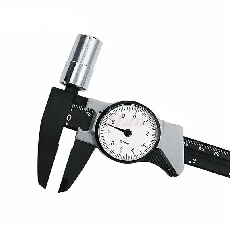 Black and white plastic vernier caliper showing 0-150mm measurement range with stainless steel jaws
