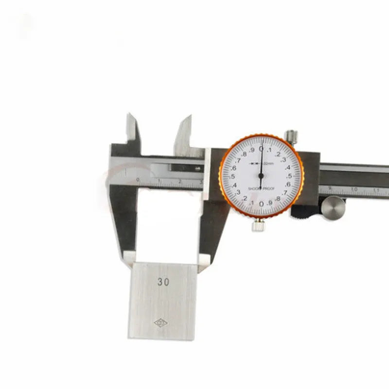 Black and white plastic vernier caliper showing 0-150mm measurement range with stainless steel jaws