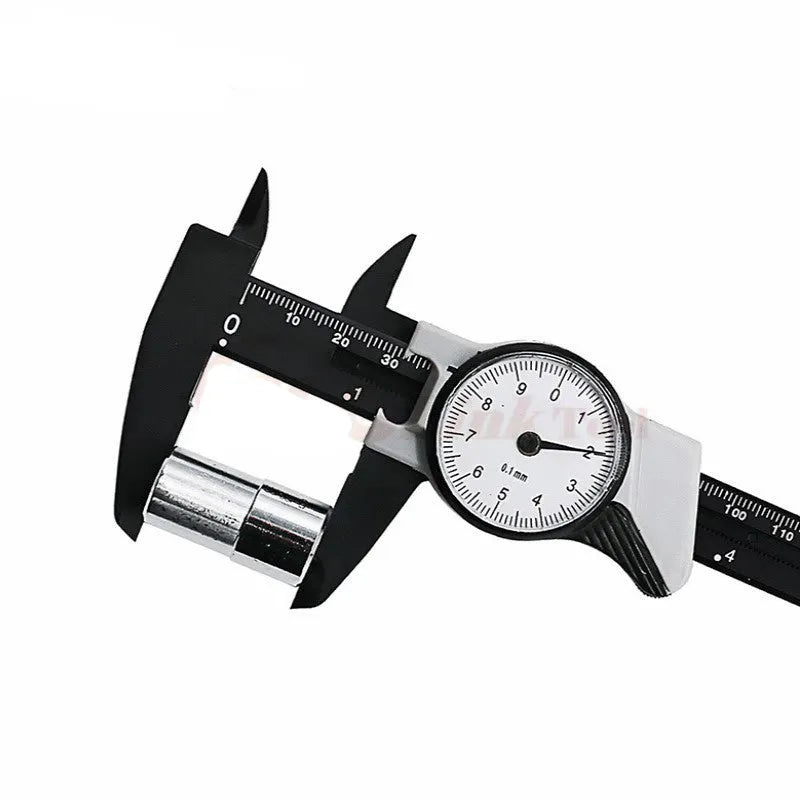 Black and white plastic vernier caliper showing 0-150mm measurement range with stainless steel jaws
