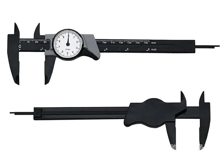 Black and white plastic vernier caliper showing 0-150mm measurement range with stainless steel jaws