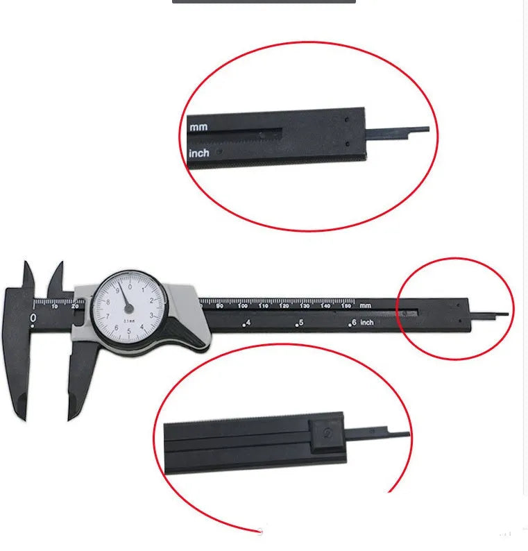 Black and white plastic vernier caliper showing 0-150mm measurement range with stainless steel jaws