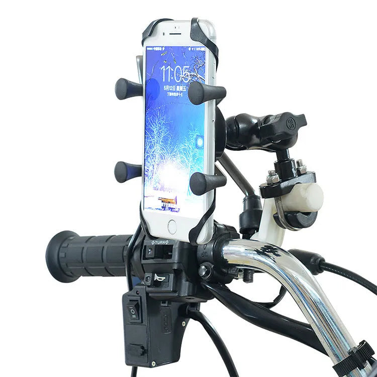 Black aluminium alloy motorcycle phone mount bracket holding a smartphone on a bike handlebar.