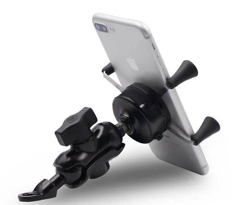 Black aluminium alloy motorcycle phone mount bracket holding a smartphone on a bike handlebar.