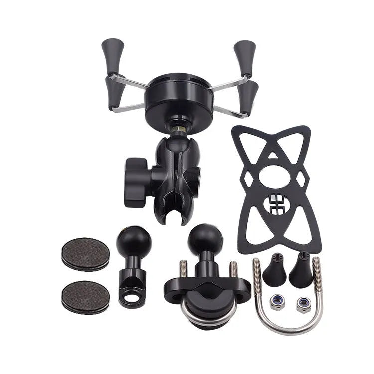 Black aluminium alloy motorcycle phone mount bracket holding a smartphone on a bike handlebar.