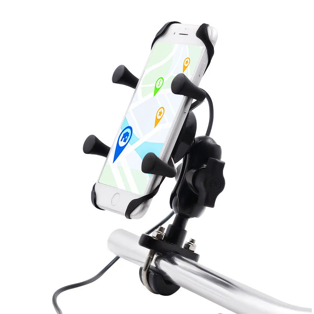 Black aluminium alloy motorcycle phone mount bracket holding a smartphone on a bike handlebar.