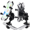 Black aluminium alloy motorcycle phone mount bracket holding a smartphone on a bike handlebar.
