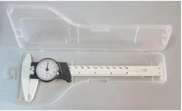 Black and white plastic vernier caliper showing 0-150mm measurement range with stainless steel jaws