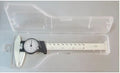 Black and white plastic vernier caliper showing 0-150mm measurement range with stainless steel jaws