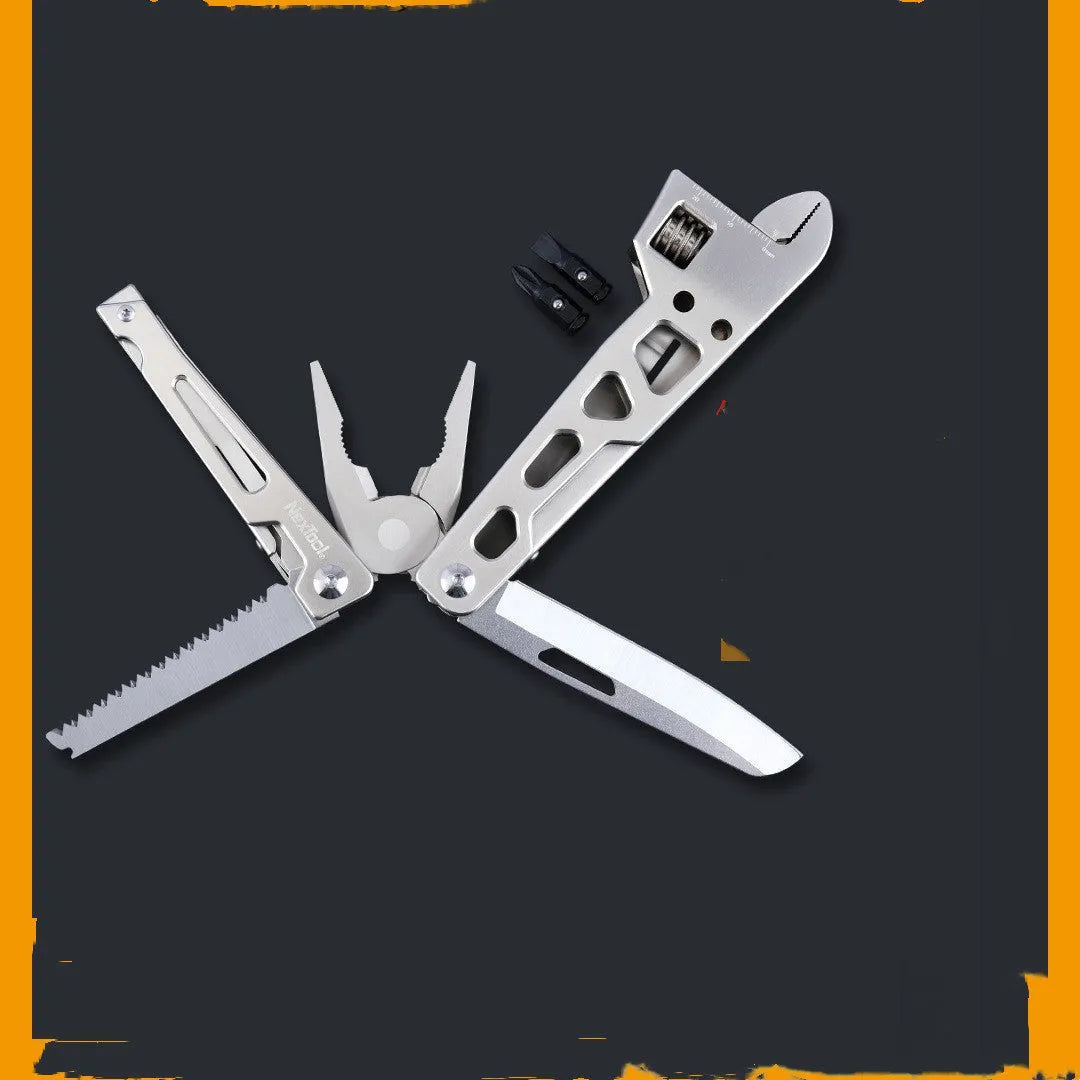 White multi-function tool with stainless steel knife blade, adjustable wrench head, and needle-nose pliers.
