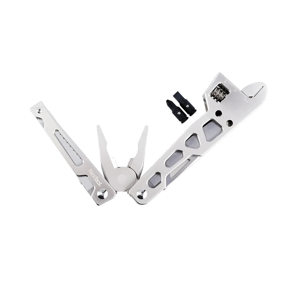 White multi-function tool with stainless steel knife blade, adjustable wrench head, and needle-nose pliers.