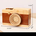 Wooden camera music box with rotating mechanism on pine wood base