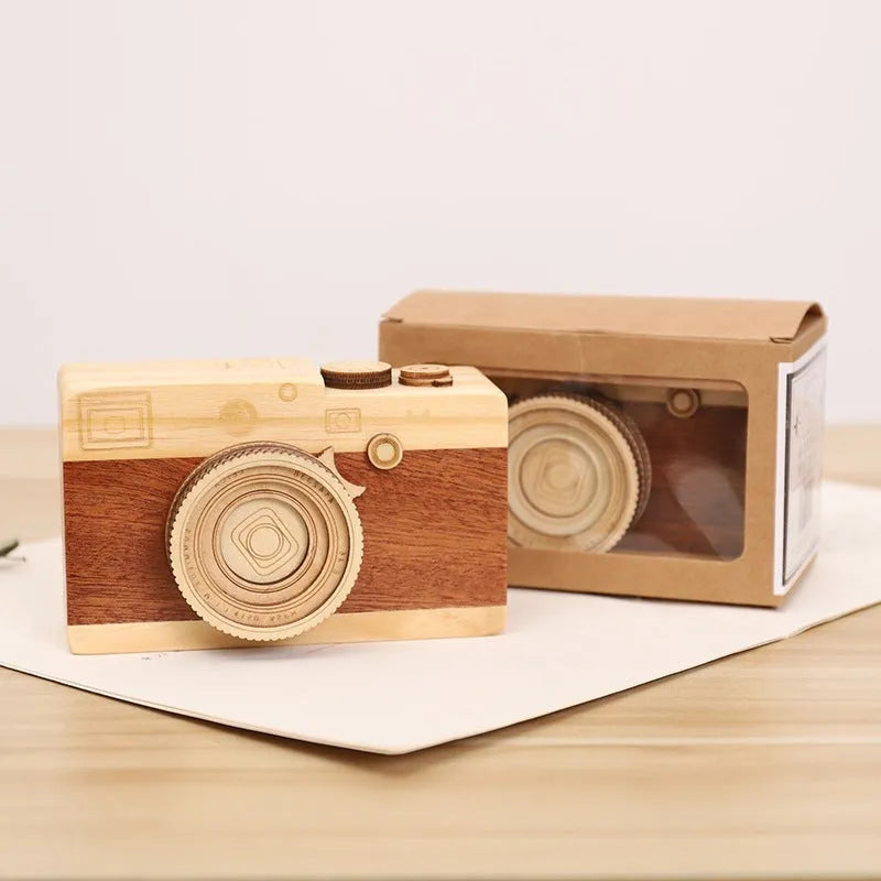 Wooden camera music box with rotating mechanism on pine wood base