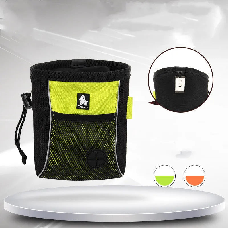 Green waterproof dog training waist bag with removable waste compartment on adjustable belt