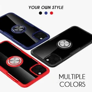 Black iPhone case with detachable car holder arm mounted on dashboard showing shockproof PC construction