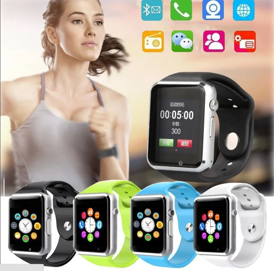 Cross-border A1 smart watch with 1.54-inch touch screen shown in multiple colour options including black, silver, white, gold, pink, red, green, and blue