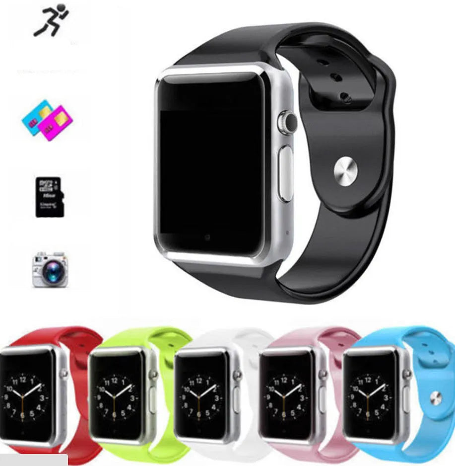 Cross-border A1 smart watch with 1.54-inch touch screen shown in multiple colour options including black, silver, white, gold, pink, red, green, and blue