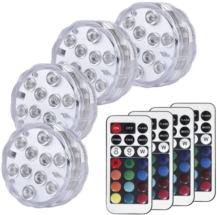White waterproof LED light with remote control for pool and garden decoration.