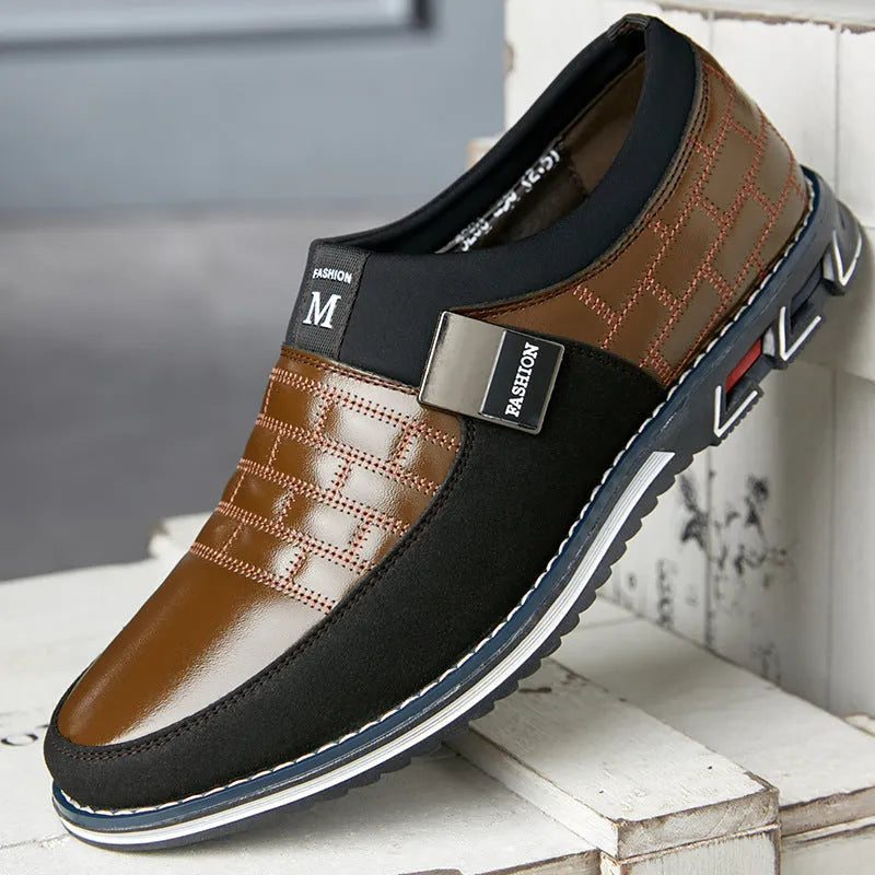 Men's blue imitation leather low-top casual shoe shown on a size chart background.