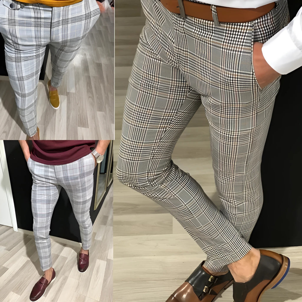 Men's loose fit plaid nine-point summer trousers in grey grid pattern polyester fabric
