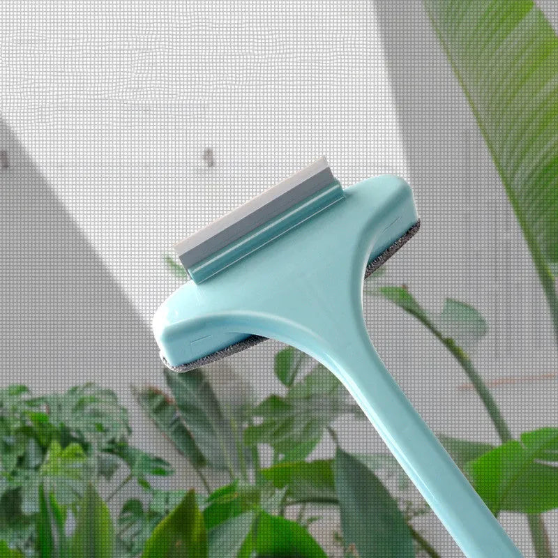 Blue window screen cleaning brush with a separate crevice brush tool for household window cleaning