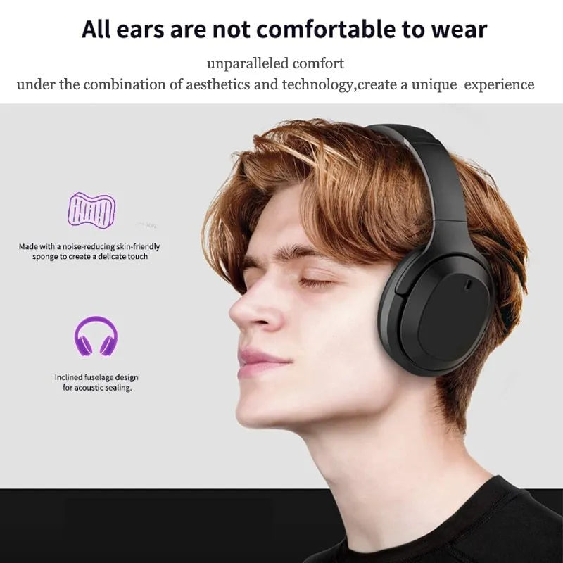 Black wireless Bluetooth headphones with memory-protein ear cushions and adjustable stainless steel headband