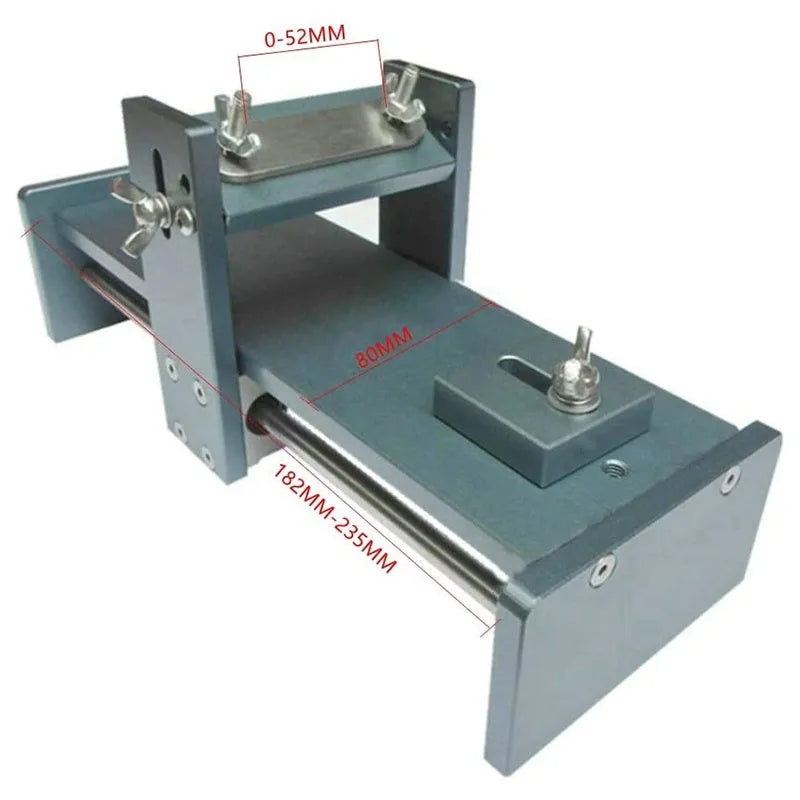 Fixed angle sharpening tool made of aluminium alloy and stainless steel for sharpening woodworking chisels and knives.