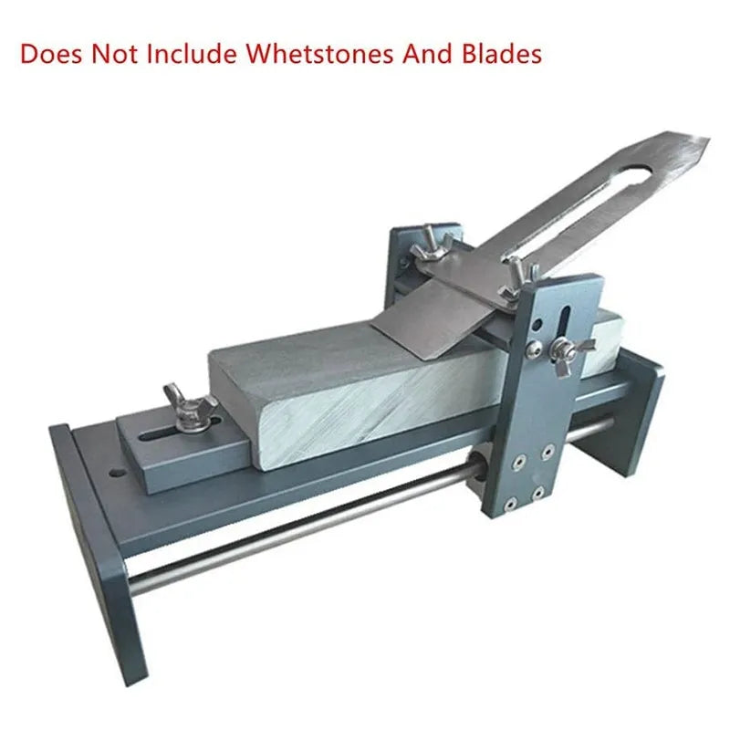 Fixed angle sharpening tool made of aluminium alloy and stainless steel for sharpening woodworking chisels and knives.