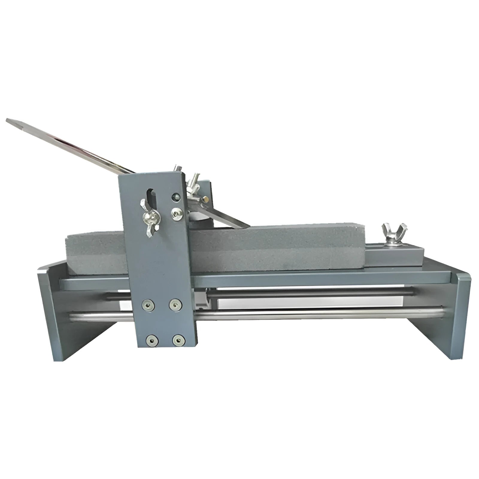 Fixed angle sharpening tool made of aluminium alloy and stainless steel for sharpening woodworking chisels and knives.