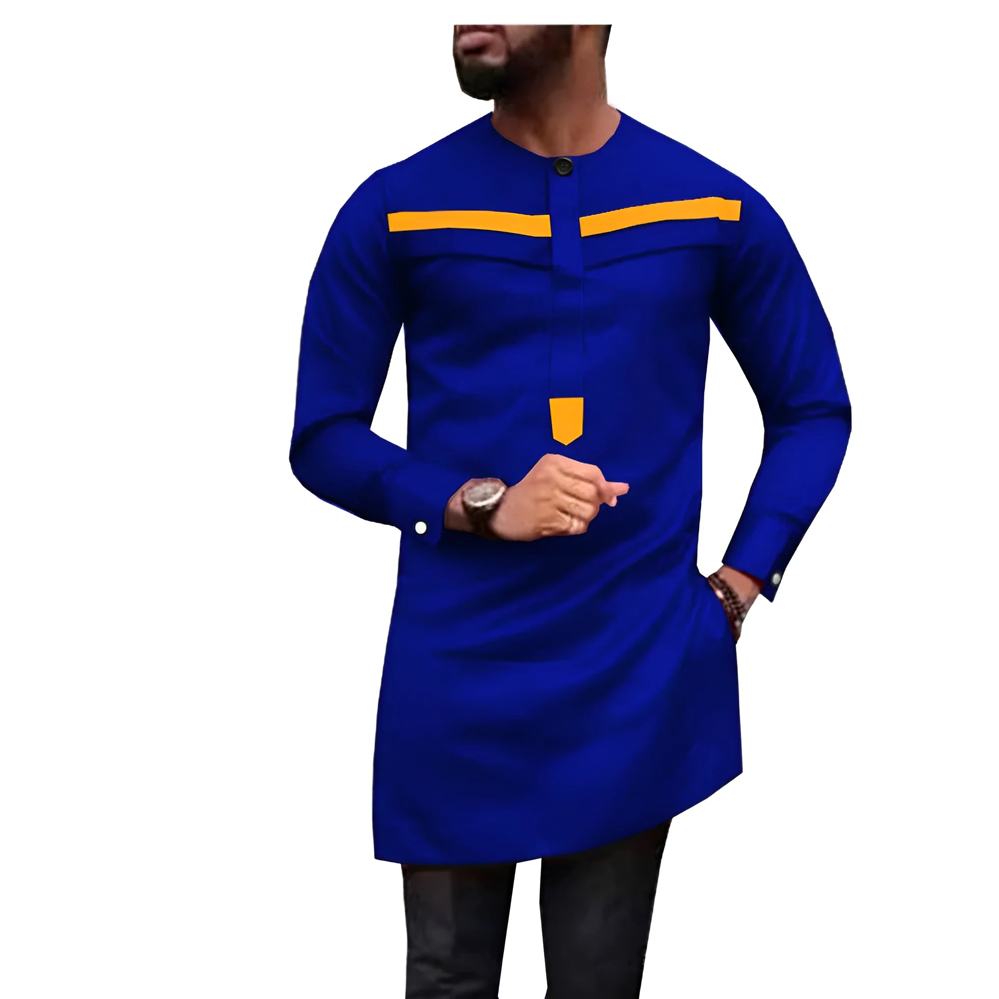 African men's slim two-piece suit in blue with white bar pattern, 100% cotton long sleeve