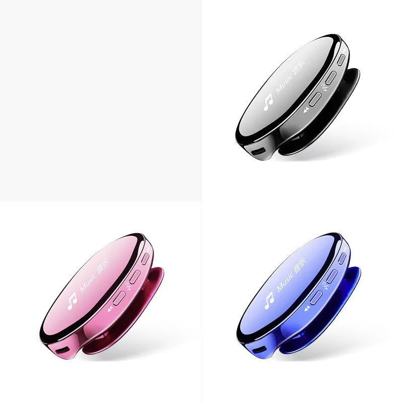Bluetooth MP4 music player in blue, black, or rose gold with OLED display showing track info.