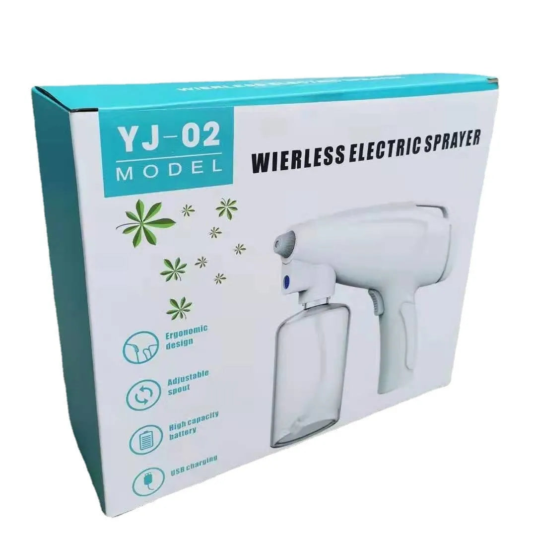 White handheld cordless electric disinfection spray gun with USB-C charging port.