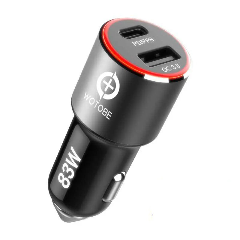 Dual-port 83W fast car charger with two USB-C ports and an included fast charging cable on a car dashboard.