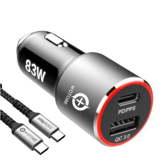 Dual-port 83W fast car charger with two USB-C ports and an included fast charging cable on a car dashboard.
