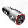 Dual-port 83W fast car charger with two USB-C ports and an included fast charging cable on a car dashboard.