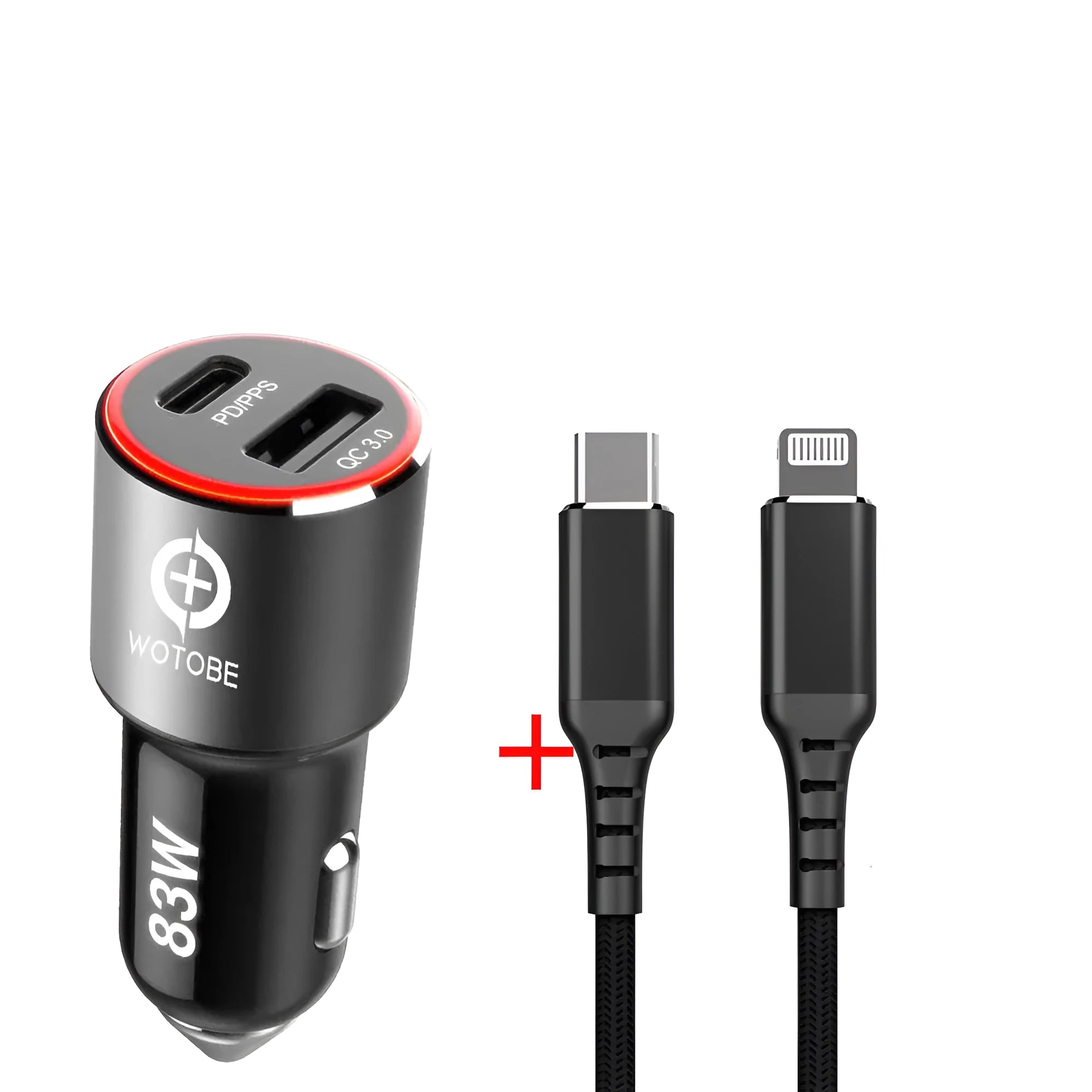 Dual-port 83W fast car charger with two USB-C ports and an included fast charging cable on a car dashboard.