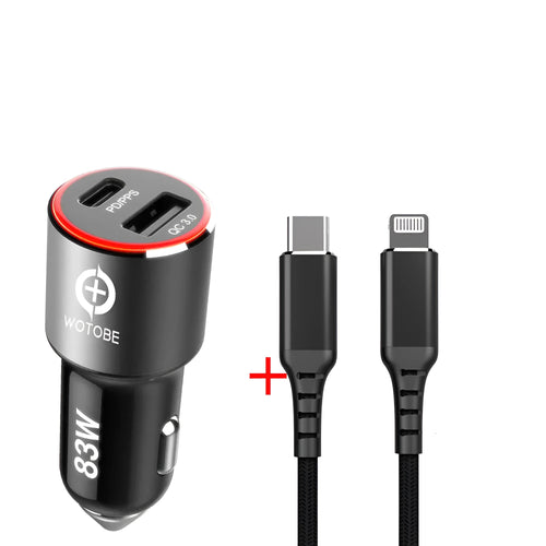 Dual-port 83W fast car charger with two USB-C ports and an included fast charging cable on a car dashboard.