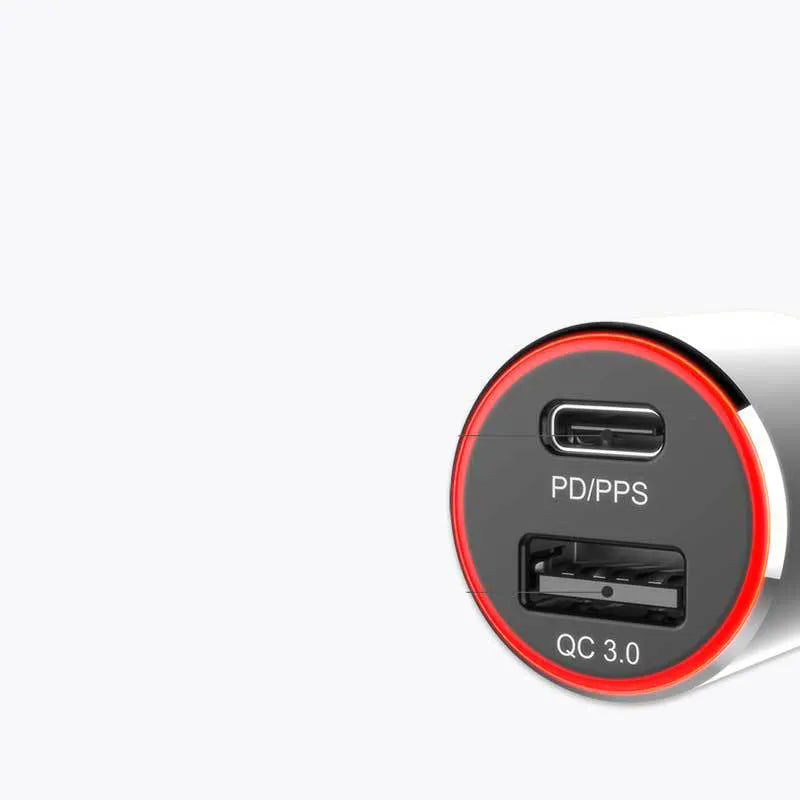 Dual-port 83W fast car charger with two USB-C ports and an included fast charging cable on a car dashboard.