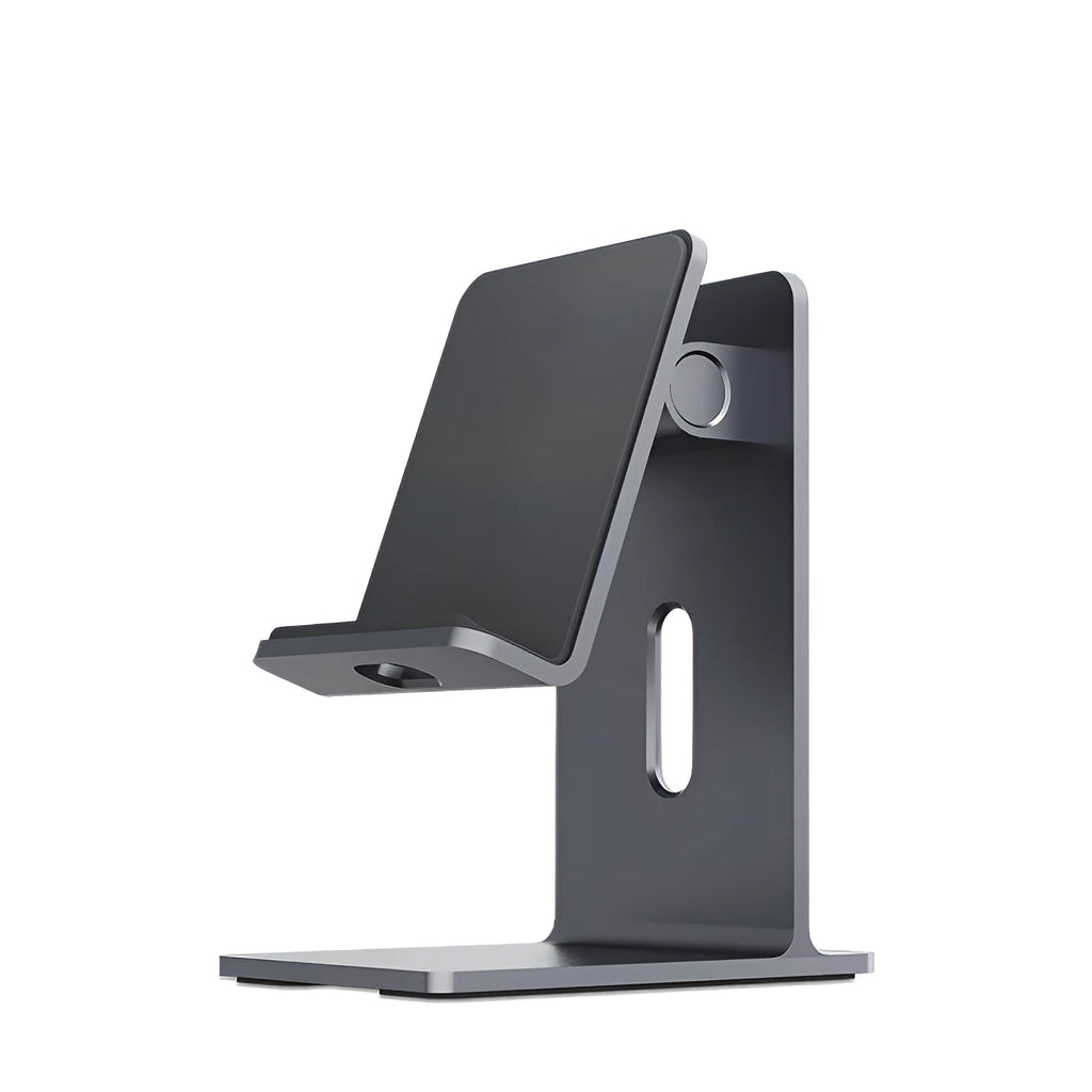 Alloy mobile phone holder on desktop with smartphone inserted, Dark Space Gray colour