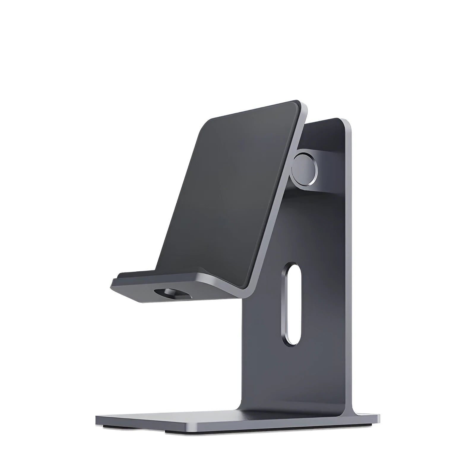Alloy mobile phone holder on desktop with smartphone inserted, Dark Space Gray colour