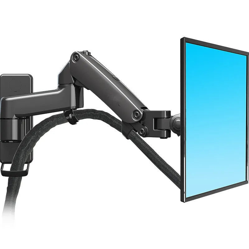 Black wall-mounted monitor arm with adjustable height, extension, and rotation for VESA compatible screens.