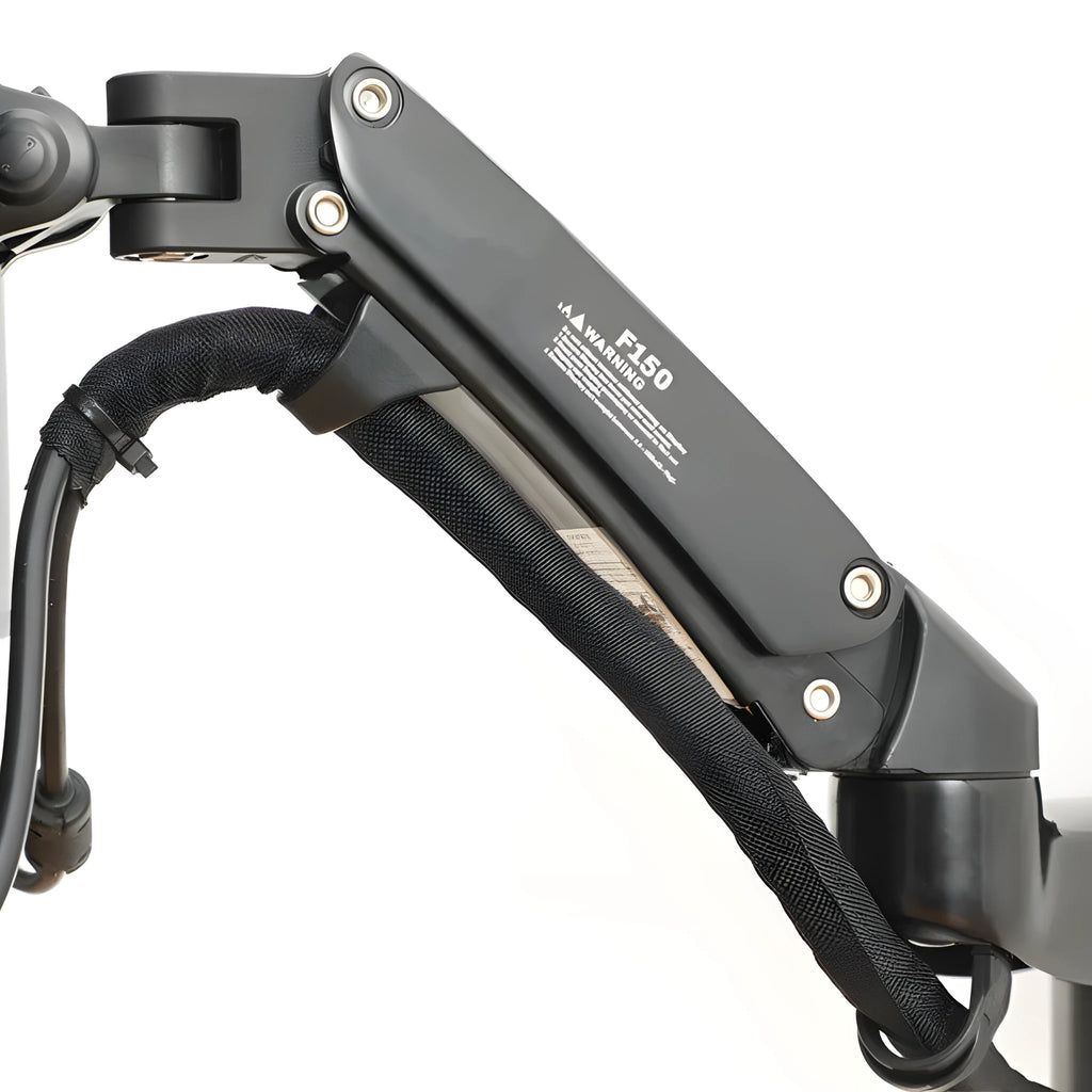 Black wall-mounted monitor arm with adjustable height, extension, and rotation for VESA compatible screens.
