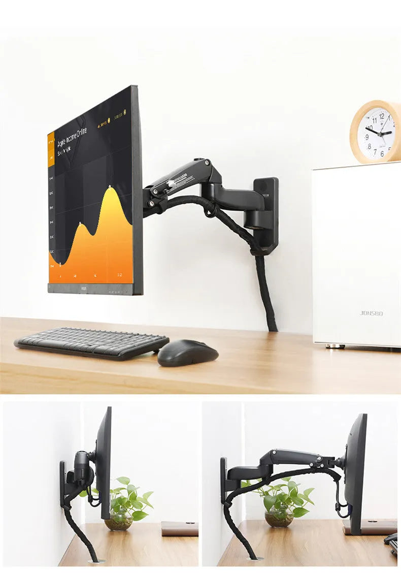 Black wall-mounted monitor arm with adjustable height, extension, and rotation for VESA compatible screens.