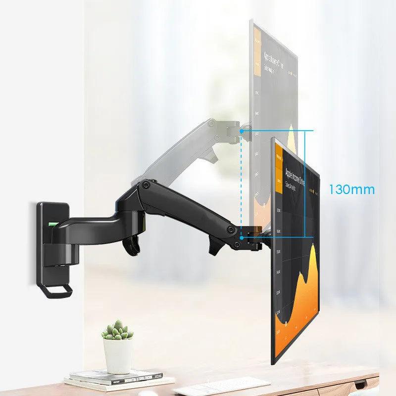 Black wall-mounted monitor arm with adjustable height, extension, and rotation for VESA compatible screens.