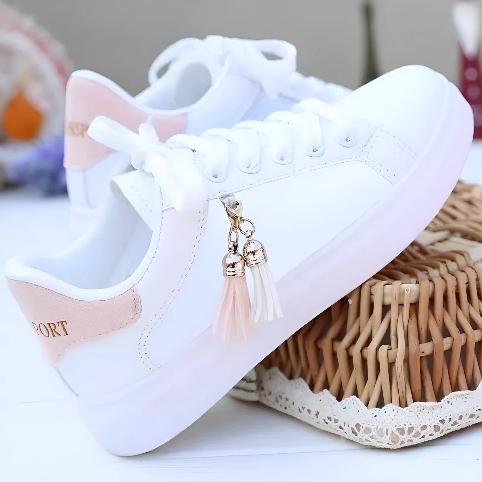 Women's black and pink mesh fashion casual shoes with a flat rubber sole.